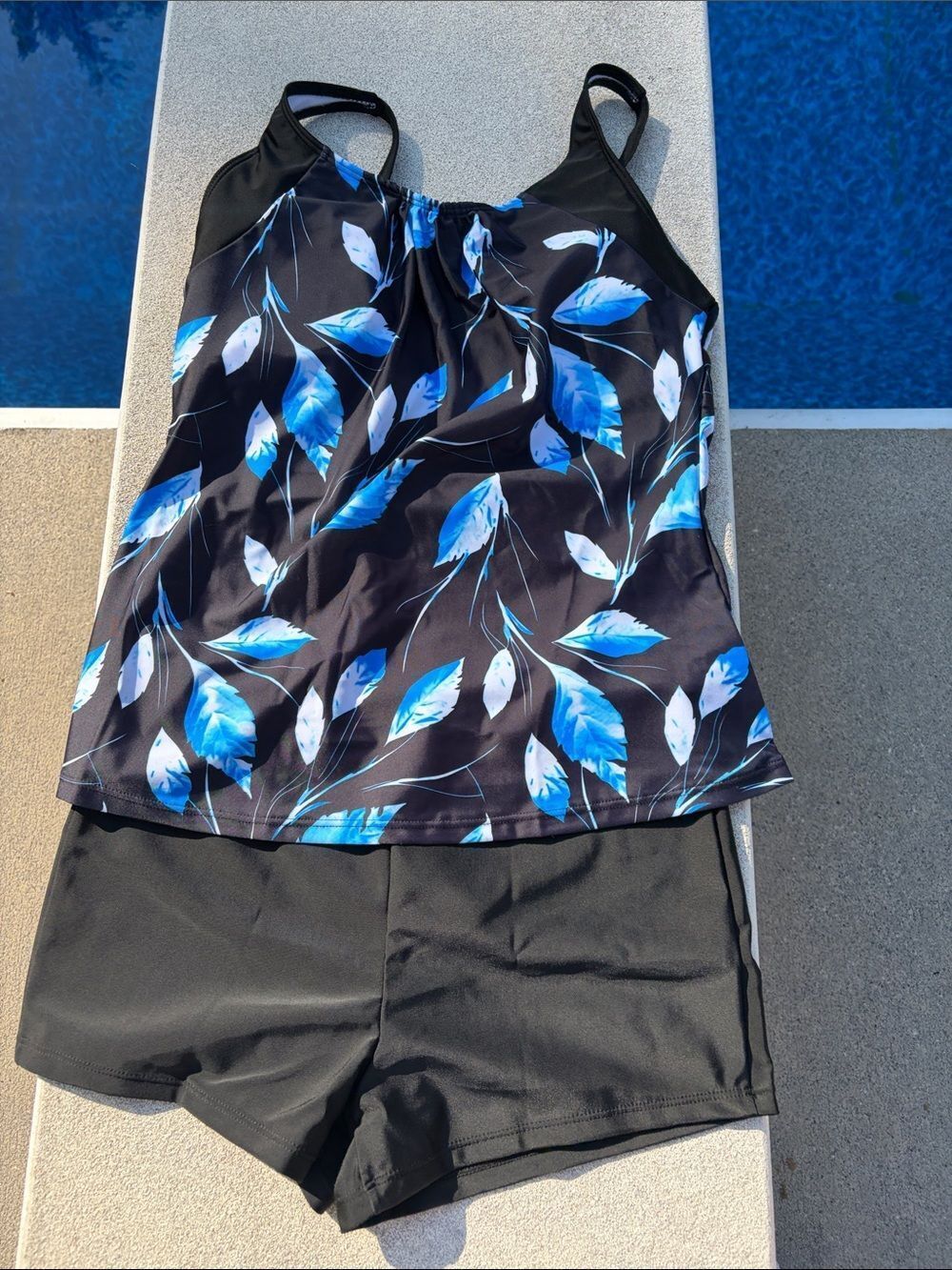 SHEIN Black Tankini with Blue Leaf Print